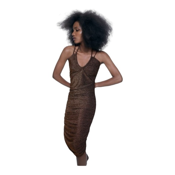 ZARA Gold Metallic Strappy Ruched Midi Slip Dress Small Blogger Favorite - Picture 4 of 14
